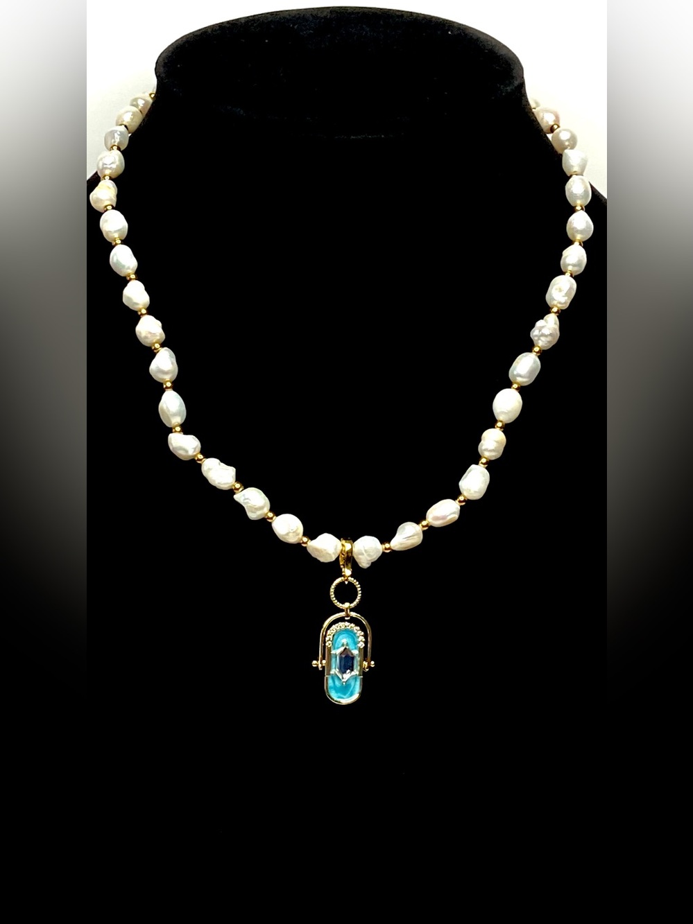 Fresh water Pearl Necklace with Blue Pendant — Women Jewelry